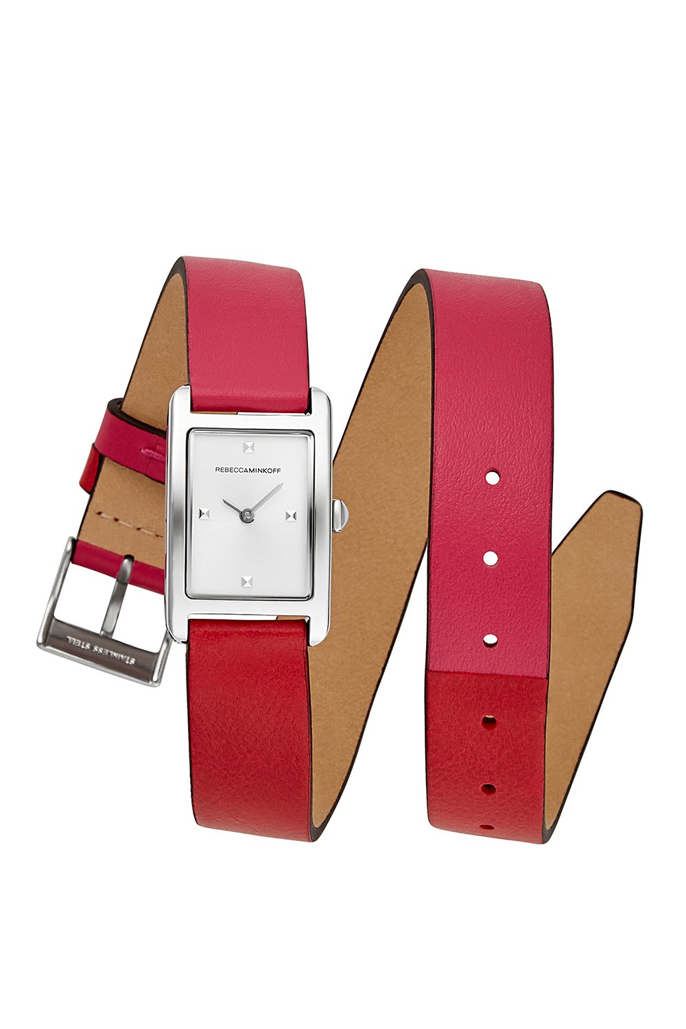 Moment Silver Tone Pink And Red Leather Watch, 19x30MM
